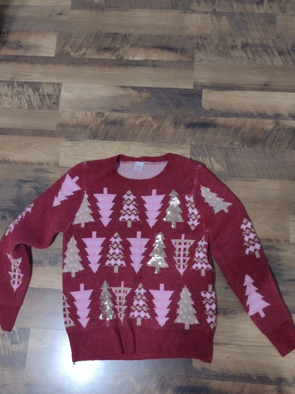 Holiday Time Red Sequin & Pink Tree Holiday Sweater Size 8/10